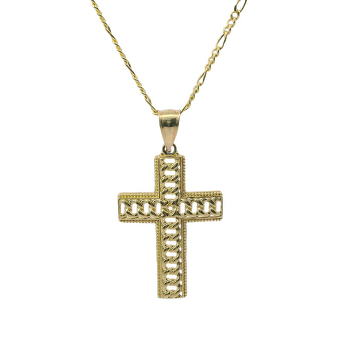 14KT Gold Charm Medium Open Diamond Cut Chain Link Cross with Plain Bell