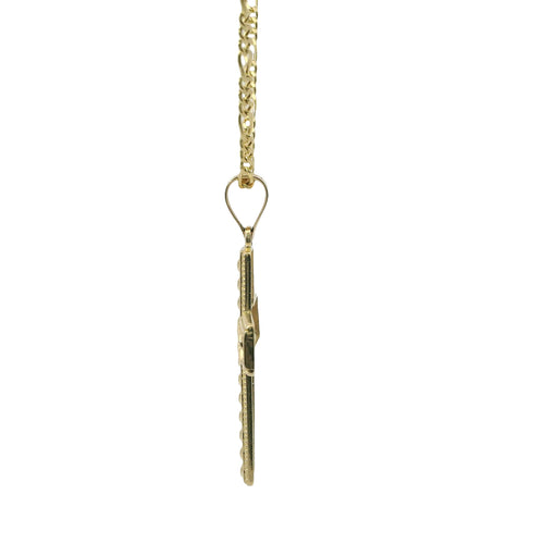 14KT Gold Charm Medium Open Diamond Cut Chain Link Cross with Plain Bell