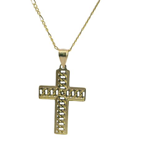 14KT Gold Charm Medium Open Diamond Cut Chain Link Cross with Plain Bell