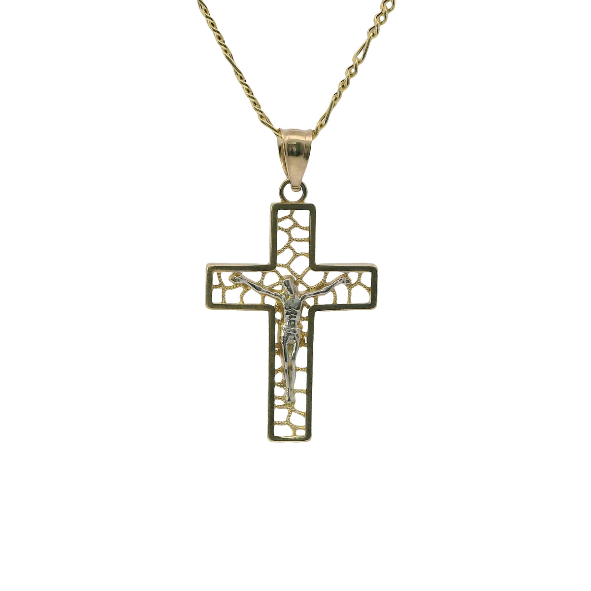 14KT Gold Charm Small Open Center Nugget Square Ends Crucifix Cross with Plain Bell