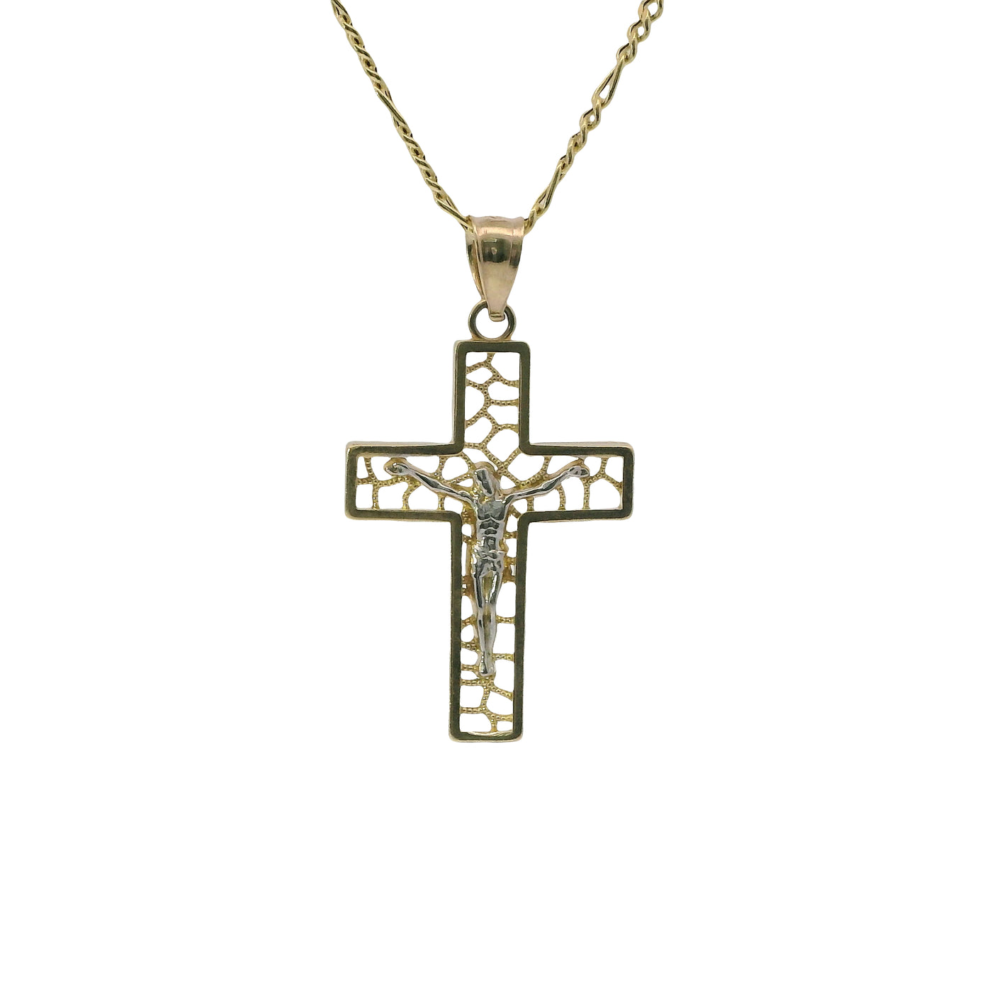 14KT Gold Charm Small Open Center Nugget Square Ends Crucifix Cross with Plain Bell