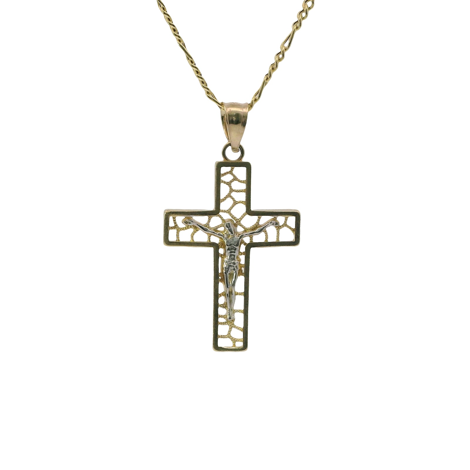 14KT Gold Charm Small Open Center Nugget Square Ends Crucifix Cross with Plain Bell