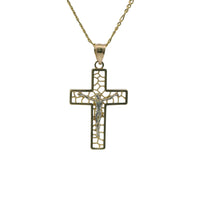 14KT Gold Charm Small Open Center Nugget Square Ends Crucifix Cross with Plain Bell