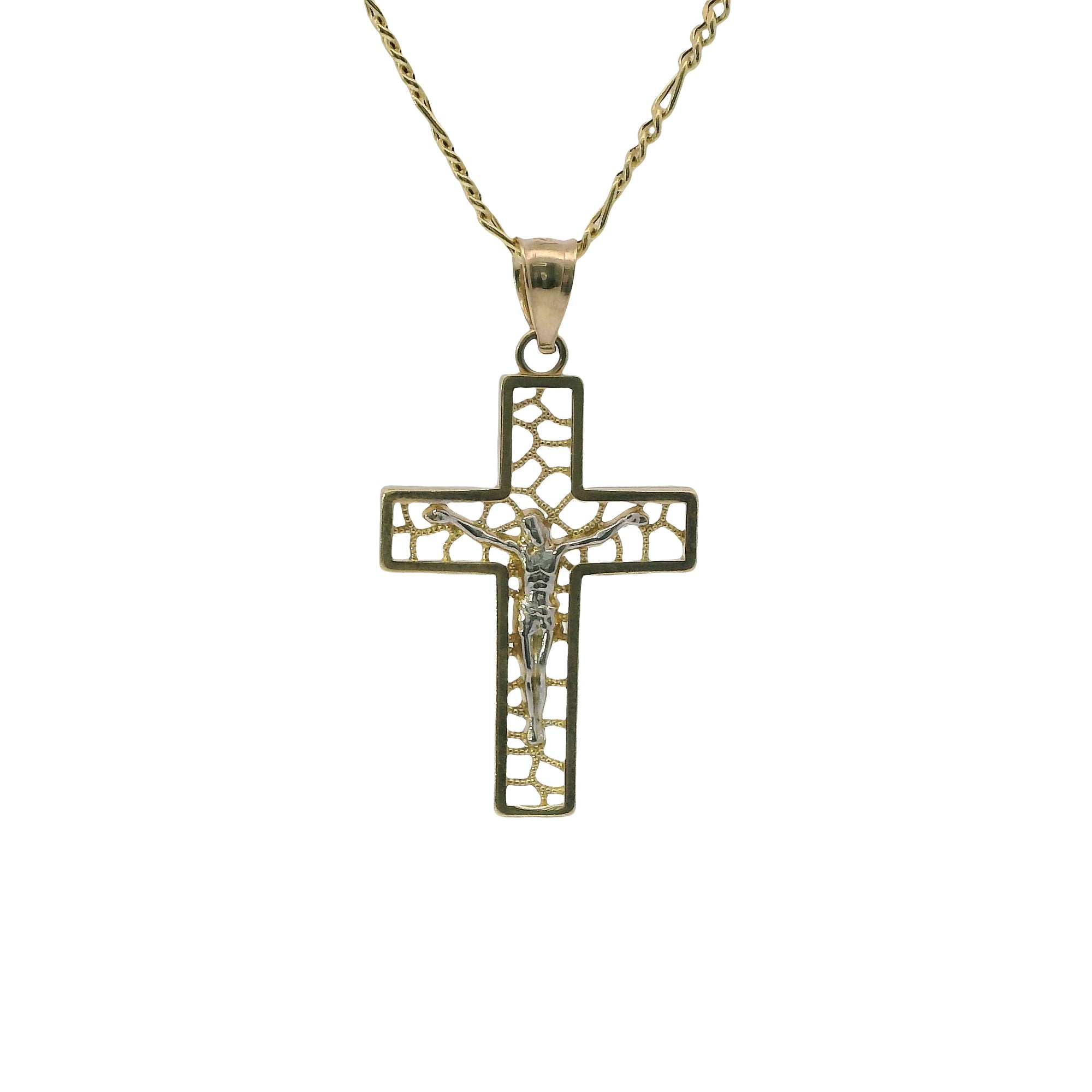 14KT Gold Charm Small Open Center Nugget Square Ends Crucifix Cross with Plain Bell