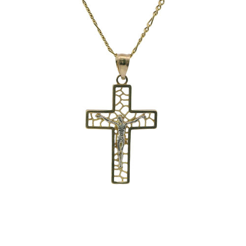 14KT Gold Charm Small Open Center Nugget Square Ends Crucifix Cross with Plain Bell