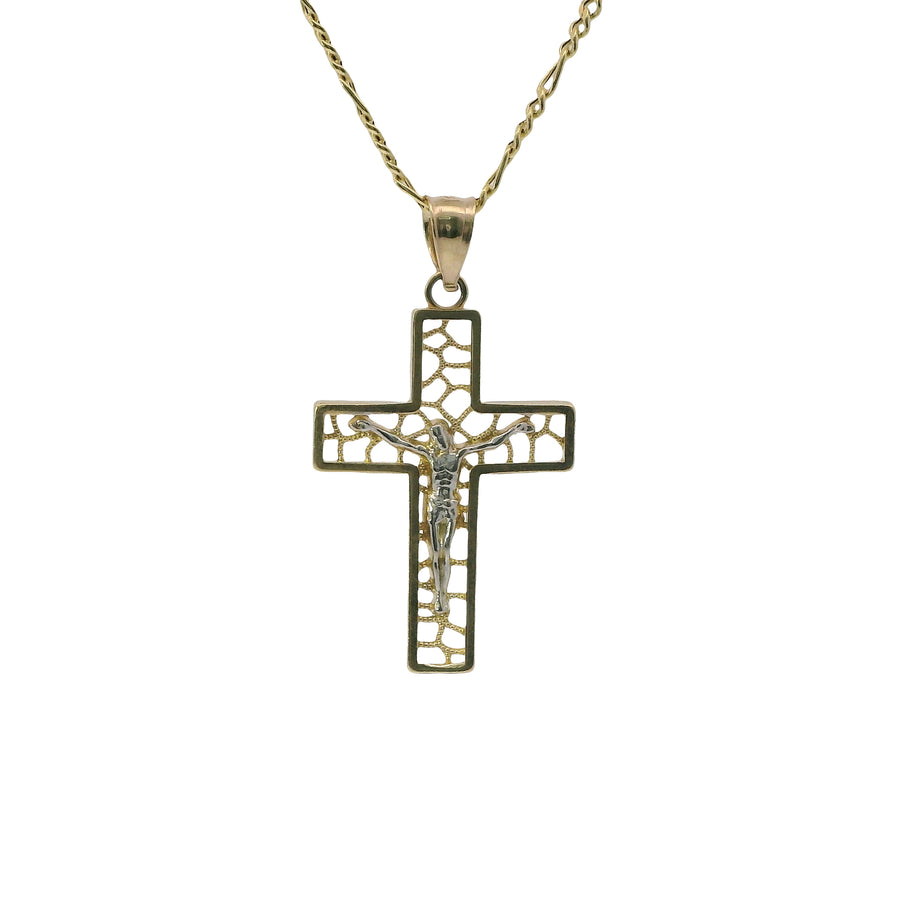14KT Gold Charm Small Open Center Nugget Square Ends Crucifix Cross with Plain Bell