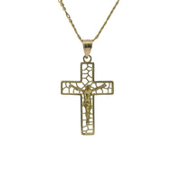 14KT Gold Charm Small Open Center Nugget Square Ends Crucifix Cross with Plain Bell