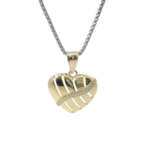 14KT Gold Charm Medium Plain Open Stripe Heart with White CZ Stones Sash and Plain Bell