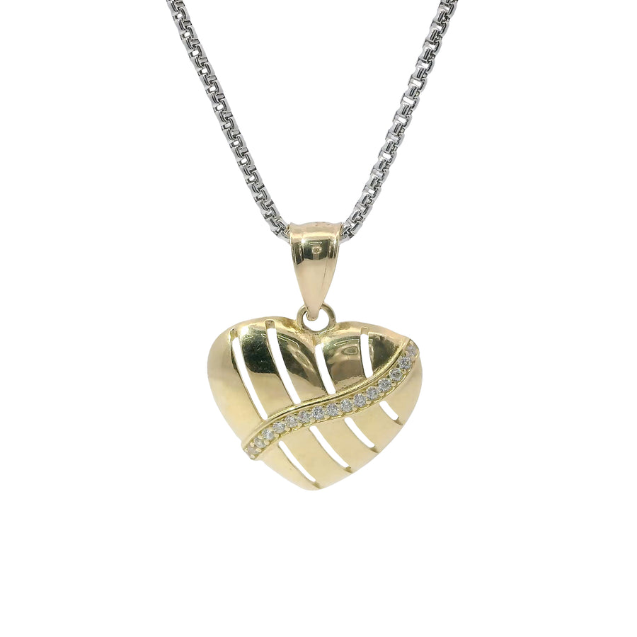 14KT Gold Charm Medium Plain Open Stripe Heart with White CZ Stones Sash and Plain Bell