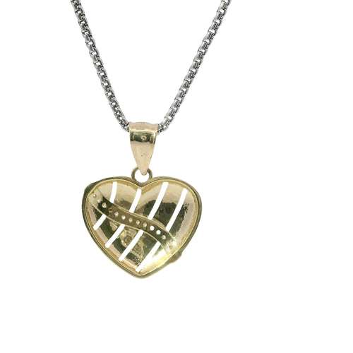 14KT Gold Charm Medium Plain Open Stripe Heart with White CZ Stones Sash and Plain Bell