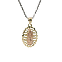 14KT Gold Charm Medium Two Tone Open Stripe Virgin Mary Oval with Diamond Cut Border and Plain Bell