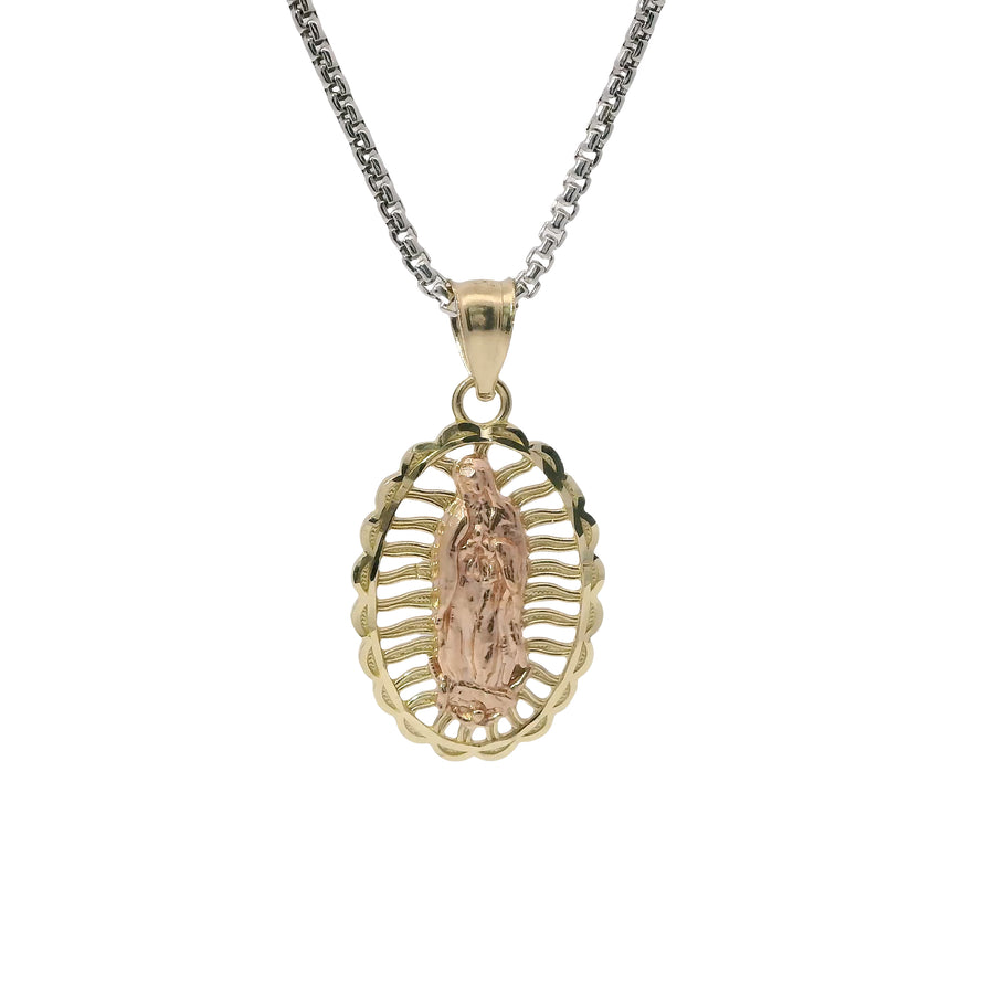 14KT Gold Charm Medium Two Tone Open Stripe Virgin Mary Oval with Diamond Cut Border and Plain Bell