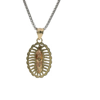 14KT Gold Charm Medium Two Tone Open Stripe Virgin Mary Oval with Diamond Cut Border and Plain Bell