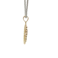14KT Gold Charm Medium Two Tone Open Stripe Virgin Mary Oval with Diamond Cut Border and Plain Bell