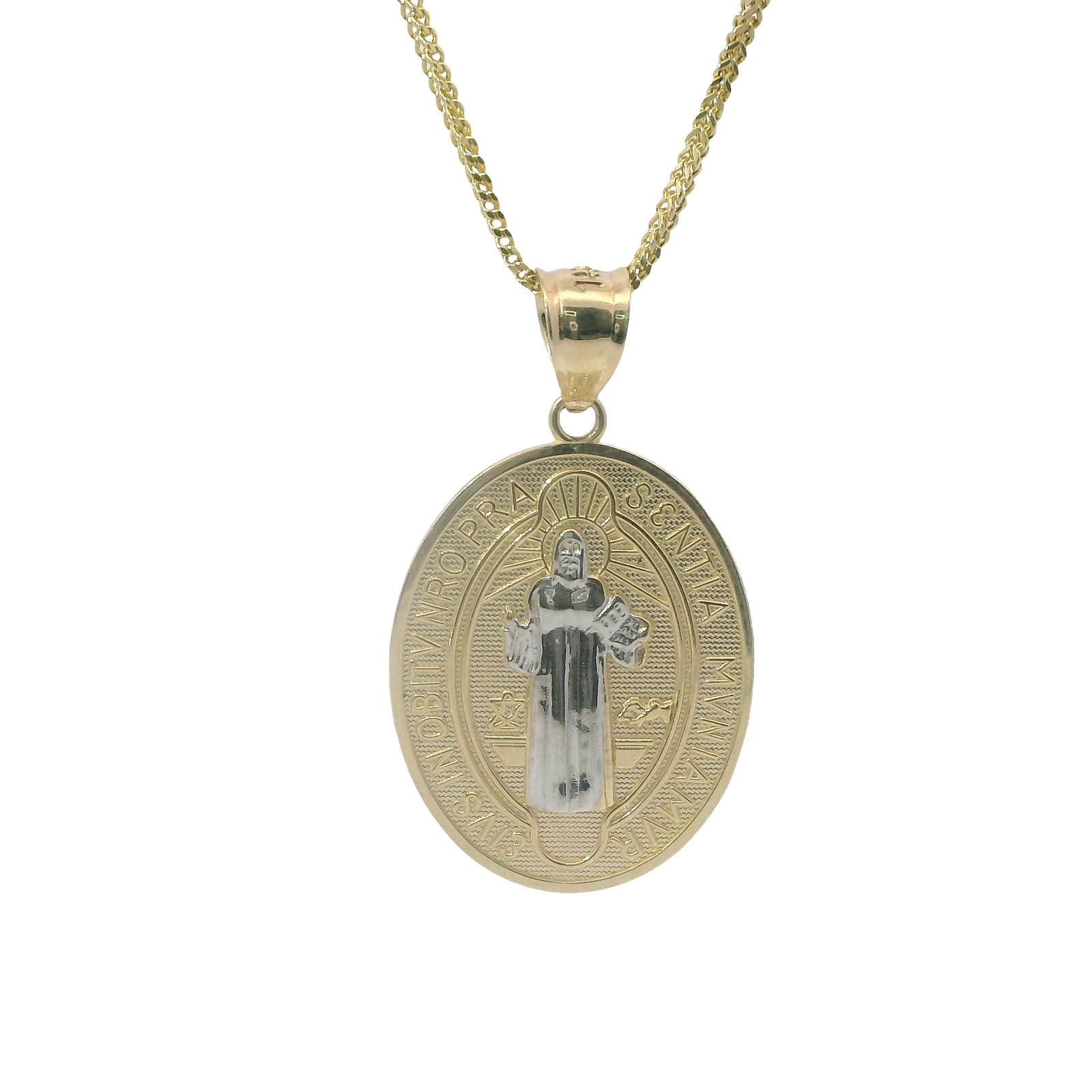 14KT Gold Charm Medium Oval St Benedict Coin with Plain Bell