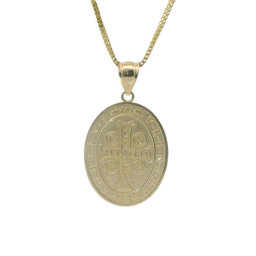 14KT Gold Charm Medium Oval St Benedict Coin with Plain Bell