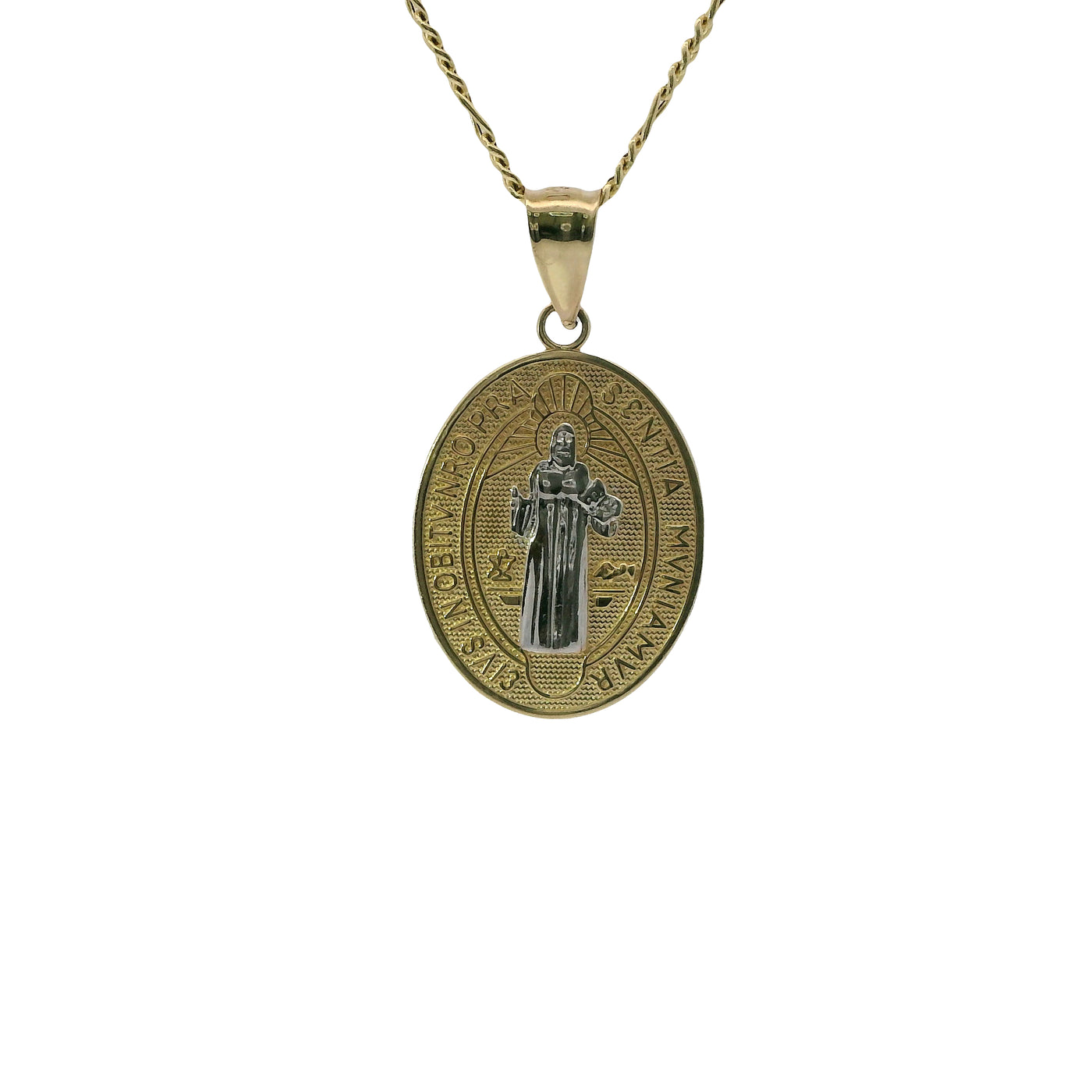 14KT Gold Charm Medium Two Tone Oval St Benedict Coin with Plain Bell