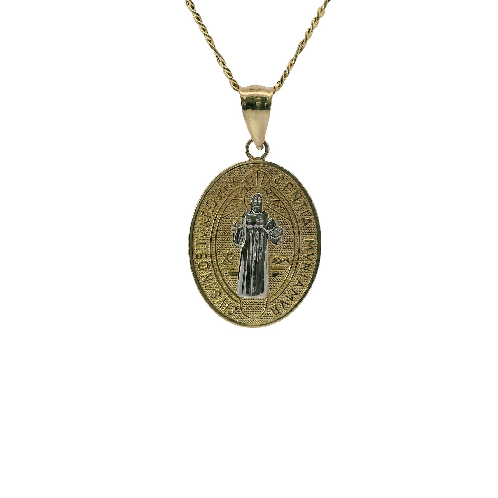 14KT Gold Charm Medium Two Tone Oval St Benedict Coin with Plain Bell