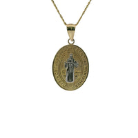 14KT Gold Charm Medium Two Tone Oval St Benedict Coin with Plain Bell