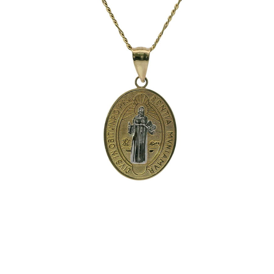 14KT Gold Charm Medium Two Tone Oval St Benedict Coin with Plain Bell
