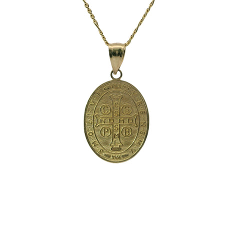 14KT Gold Charm Medium Two Tone Oval St Benedict Coin with Plain Bell
