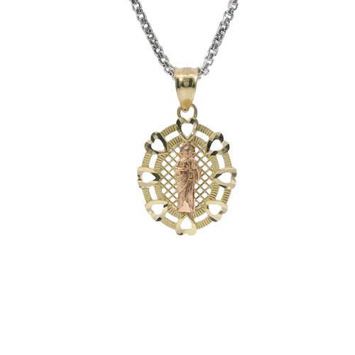 14KT Gold Charm Medium Two Tone St Jude Oval Lattice with Diamond Cut Open Heart Border and Plain Bell