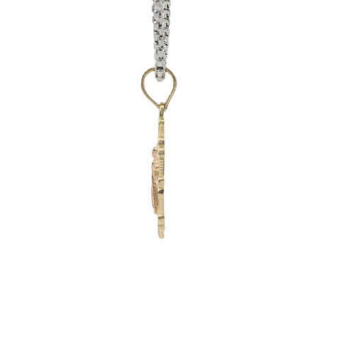 14KT Gold Charm Medium Two Tone St Jude Oval Lattice with Diamond Cut Open Heart Border and Plain Bell