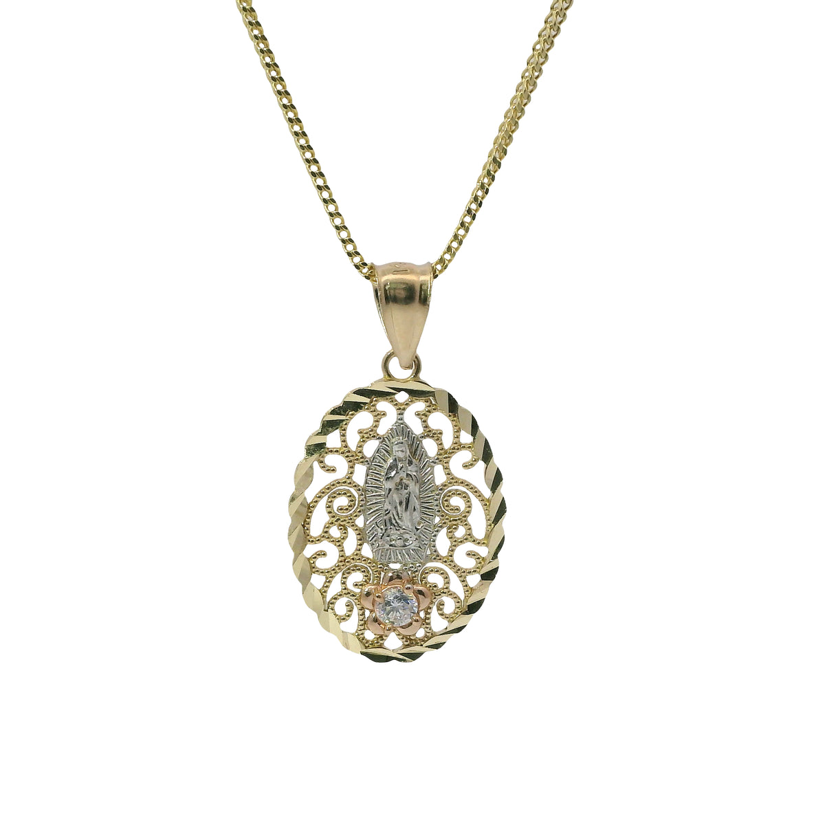 14KT Gold Charm Medium Oval Tri Tone Virgin Mary Swirl Center Diamond Cut Border Coin with White CZ Stone Flower and Plain Bell
