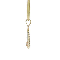 14KT Gold Charm Medium Oval Tri Tone Virgin Mary Swirl Center Diamond Cut Border Coin with White CZ Stone Flower and Plain Bell
