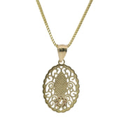 14KT Gold Charm Medium Oval Tri Tone Virgin Mary Swirl Center Diamond Cut Border Coin with White CZ Stone Flower and Plain Bell
