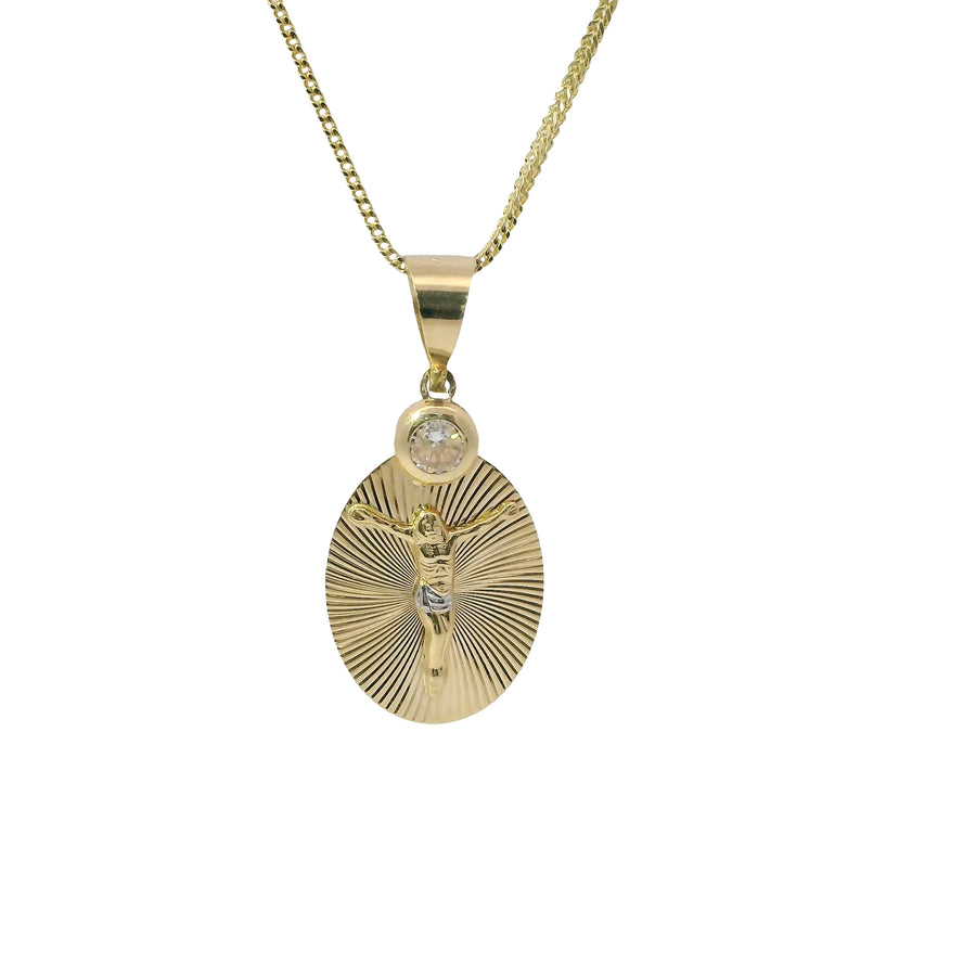 14KT Gold Charm Medium Two Tone Oval Crucifix Sunray Coin with White CZ Stones Top and Plain Bell