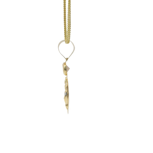 14KT Gold Charm Medium Two Tone Oval Crucifix Sunray Coin with White CZ Stones Top and Plain Bell