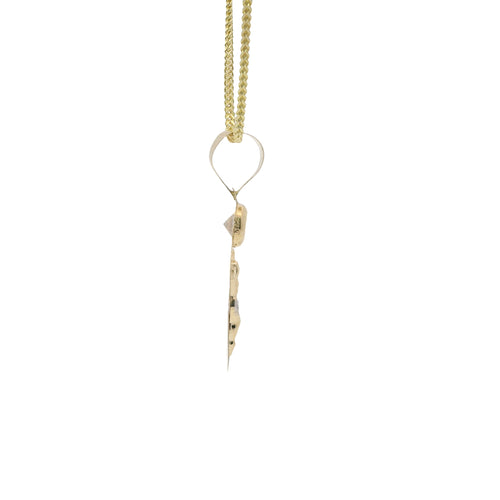 14KT Gold Charm Medium Two Tone Oval Crucifix Sunray Coin with White CZ Stones Top and Plain Bell