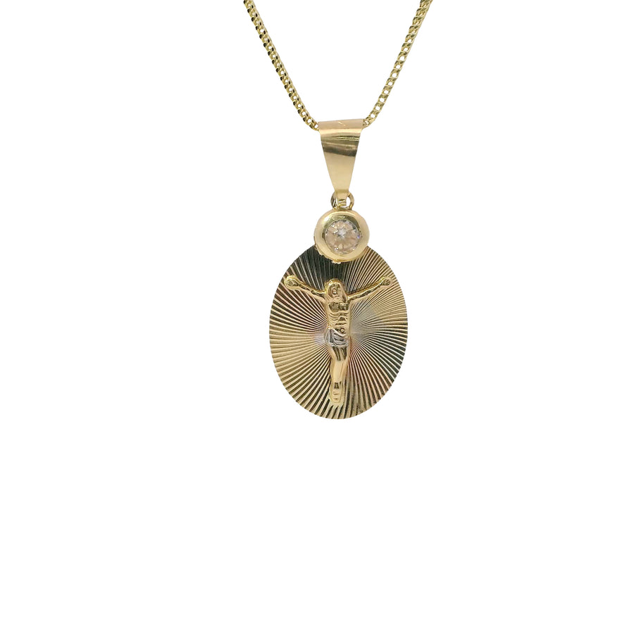 14KT Gold Charm Medium Tri Tone Round Sunray Crucifix Coin with White CZ Stone Top and Plain Bell