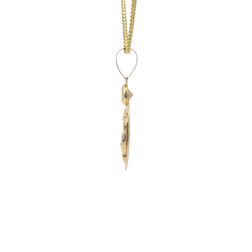 14KT Gold Charm Medium Tri Tone Round Sunray Crucifix Coin with White CZ Stone Top and Plain Bell