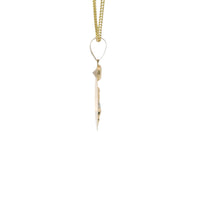 14KT Gold Charm Medium Tri Tone Round Sunray Crucifix Coin with White CZ Stone Top and Plain Bell