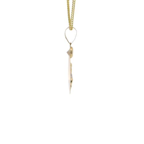 14KT Gold Charm Medium Tri Tone Round Sunray Crucifix Coin with White CZ Stone Top and Plain Bell