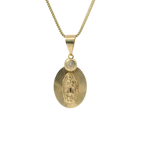 14KT Gold Charm Medium Oval Virgin Mary Sunray Coin with White CZ Stones Top and Plain Bell