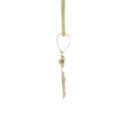 14KT Gold Charm Medium Oval Virgin Mary Sunray Coin with White CZ Stones Top and Plain Bell