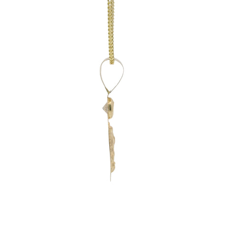 14KT Gold Charm Medium Oval Virgin Mary Sunray Coin with White CZ Stones Top and Plain Bell