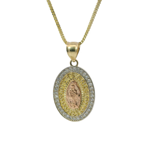 14KT Gold Charm Medium Oval Two Tone Virgin Mary Quinceanera "15 Anos" Coin with White CZ Stones Border and Plain Bell