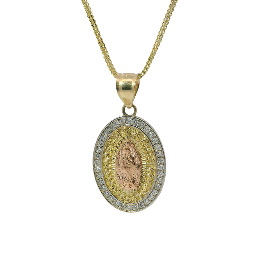 14KT Gold Charm Medium Oval Two Tone Virgin Mary Quinceanera "15 Anos" Coin with White CZ Stones Border and Plain Bell