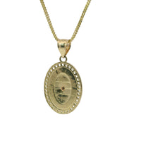 14KT Gold Charm Medium Oval Two Tone Virgin Mary Quinceanera "15 Anos" Coin with White CZ Stones Border and Plain Bell