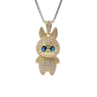 14KT Gold Charm Medium 3D Flat Back LaBuBu Navy Blue Oval CZ Stones Eyes, Light Pink CZ Stones Body and Bell
