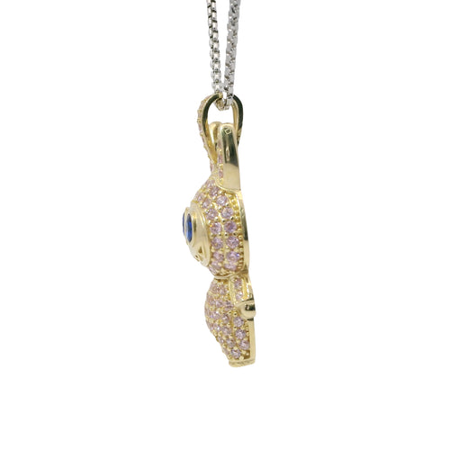 14KT Gold Charm Medium 3D Flat Back LaBuBu Navy Blue Oval CZ Stones Eyes, Light Pink CZ Stones Body and Bell