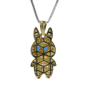 14KT Gold Charm Medium 3D Flat Back LaBuBu Navy Blue Oval CZ Stones Eyes, Light Pink CZ Stones Body and Bell