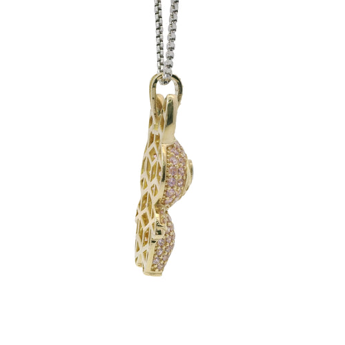 14KT Gold Charm Medium 3D Flat Back LaBuBu Navy Blue Oval CZ Stones Eyes, Light Pink CZ Stones Body and Bell