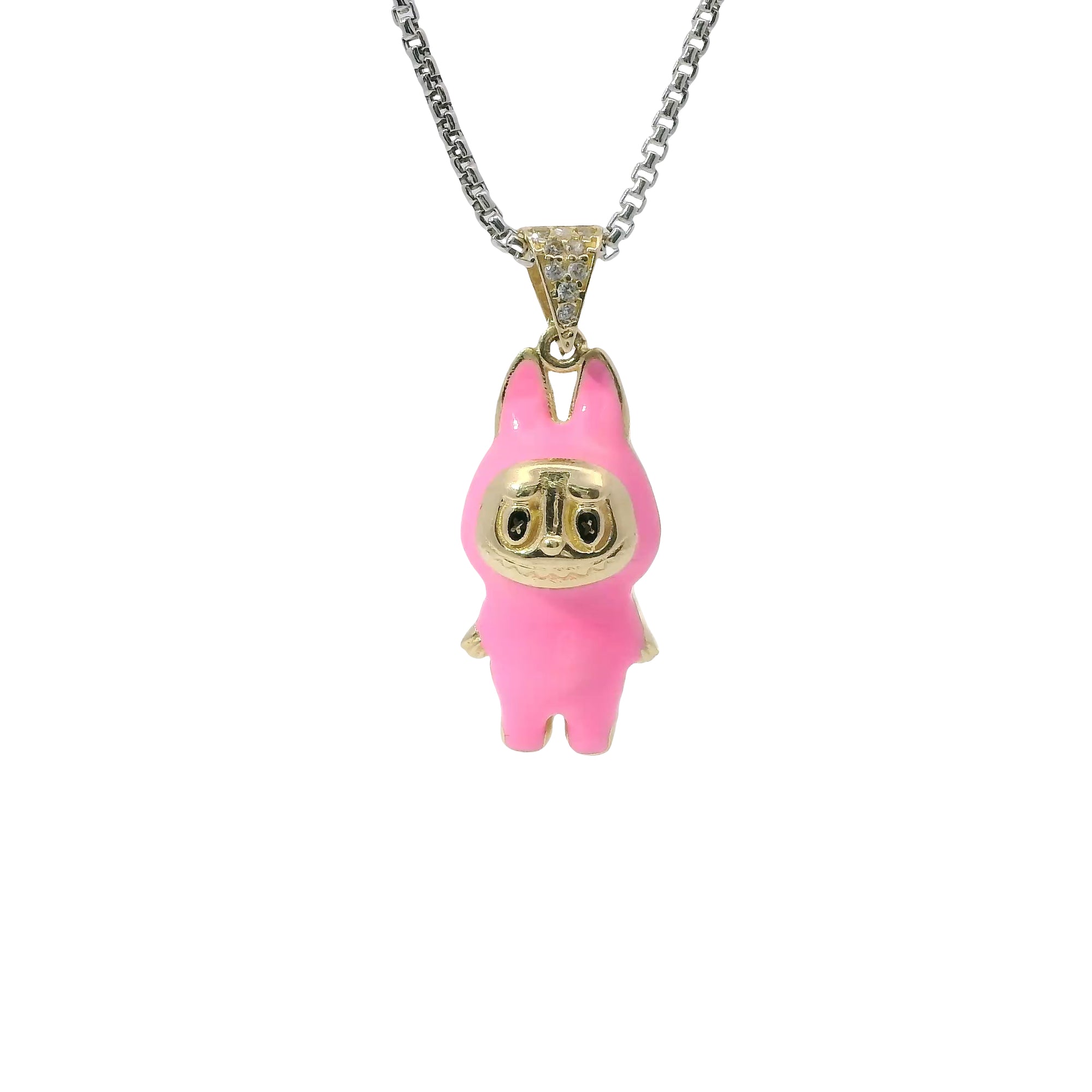 14KT Gold Charm Medium 3D Hot Pink Enamel LaBuBu Body, Black Enamel Eyes, and White CZ Stones Bell