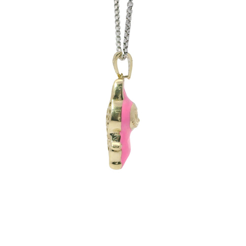 14KT Gold Charm Medium 3D Hot Pink Enamel LaBuBu Body, Black Enamel Eyes, and White CZ Stones Bell
