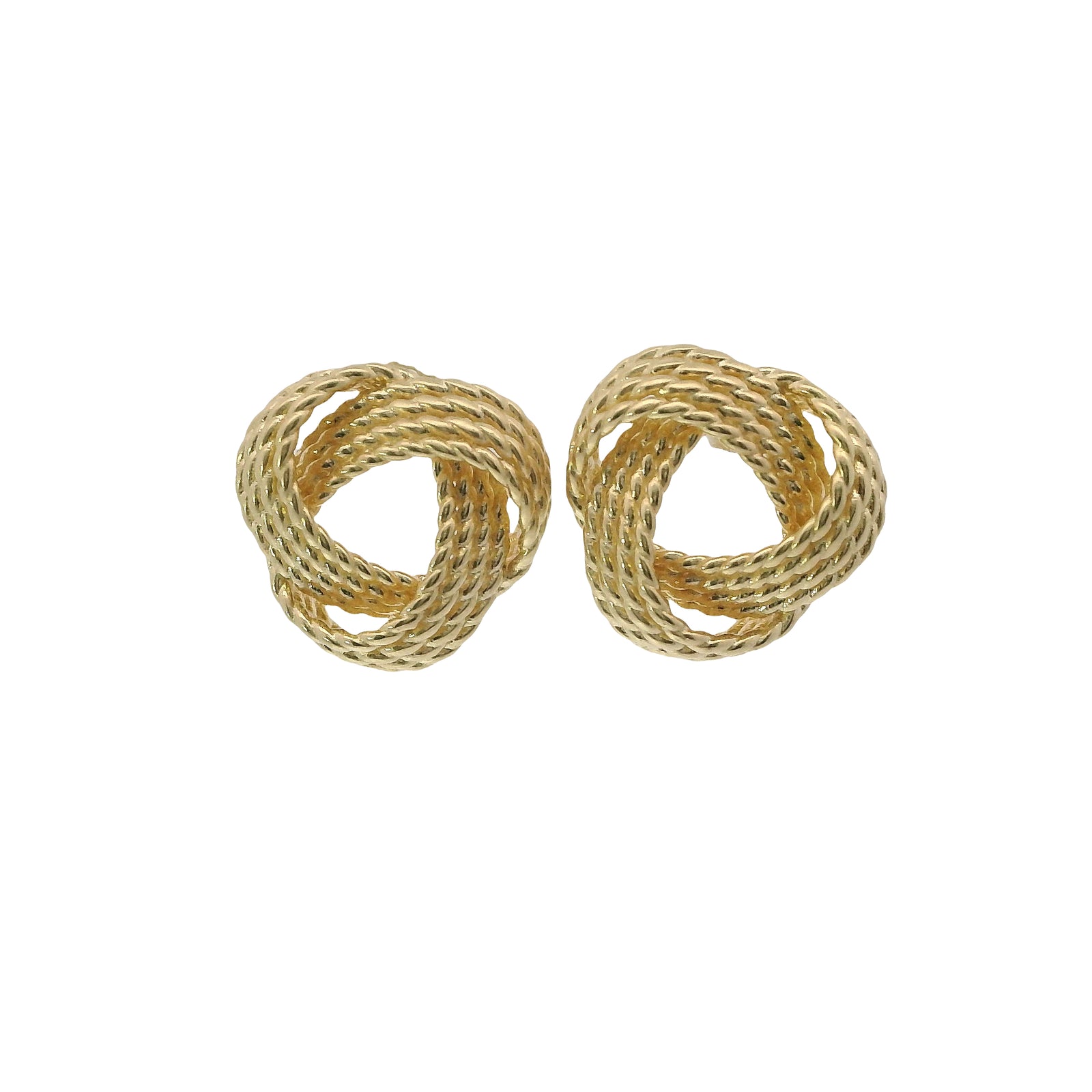 14KT Gold Earrings Medium Open Center Three Strand Flattened Plain Braided Notched Cords Knot with Push Back Post and Butterfly Backs
